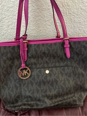 Michael Kors Brown MK Logo Tote with Hot Pink Trim